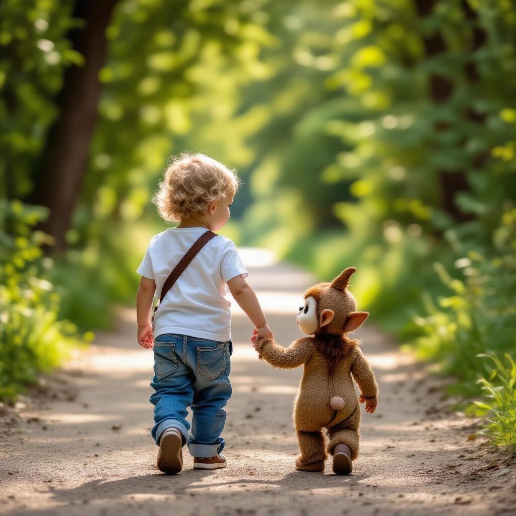 A child holds hands with a plush monkey walking down a peaceful path in nature. Both appear happy and engaged. Sunlight shines through the trees creating a warm atmosphere.