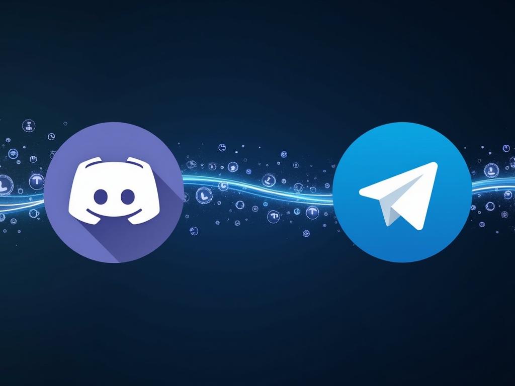 Professional banner showcasing Discord message monitoring. Discord logo on left. Dynamic lines or icons represent message flow. Telegram logo on right. Background is sleek and tech-inspired. Blend of Discord's blue and Telegram's light blue as main colors. Modern and clean design. Ideal for promoting a Discord bot monitoring service.