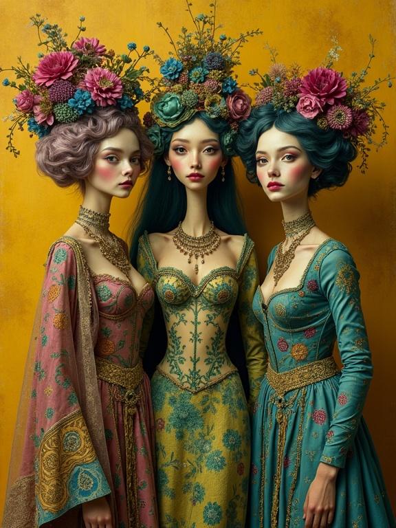 Surreal whimsical portrait showcases three exquisite gypsies. They wear eccentric attire featuring shades of green, magenta, yellow, and blue with intricate details. The background is a contrasting yellow ocher and burnt sienna. The image is hyperdetailed.