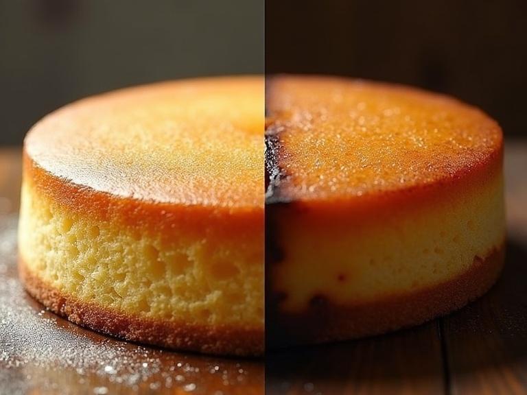A side-by-side comparison of a perfectly golden cake and a burnt-edged cake. Realistic textures are displayed. The image shows their differences clearly.