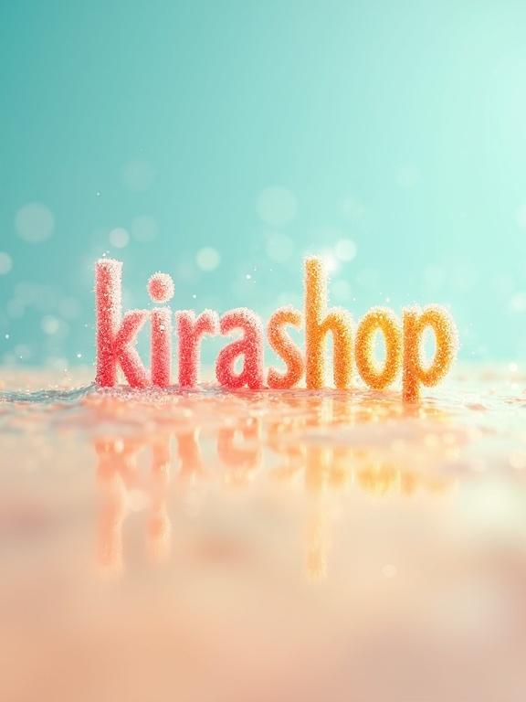 A vibrant image features the text 'kirashop.com.ua' in a playful typeface. The letters shimmer in aqua, coral, yellow hues. Background gradients from sky blue to soft peach. Warm and light-hearted impression, emphasizing summer luxury.