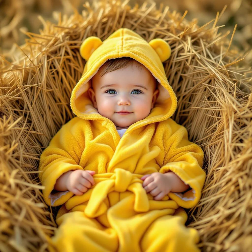 Baby in a yellow robe lying in a stack of hay. The baby has blue eyes and a cheerful expression. The setting is warm and inviting, surrounded by straw.