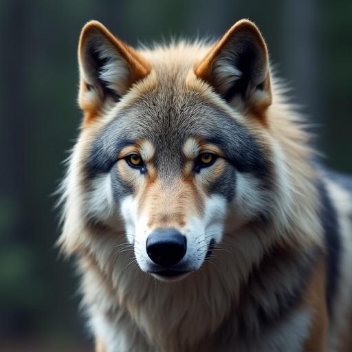 A close-up of a wolf's face in a forested background. The wolf has a majestic appearance with soft fur and intense eyes. Natural lighting enhances the calm atmosphere.