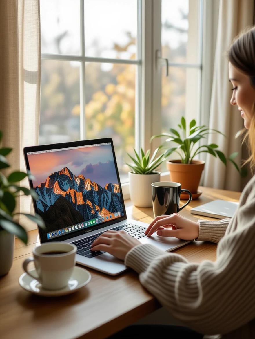 Person engaged in work at a home office. Laptop displayed prominently. Coffee cup positioned nearby. Bright light filtering through a window. Green plants in the background. Warm and inviting atmosphere. Showcases a professional yet comfortable setup.