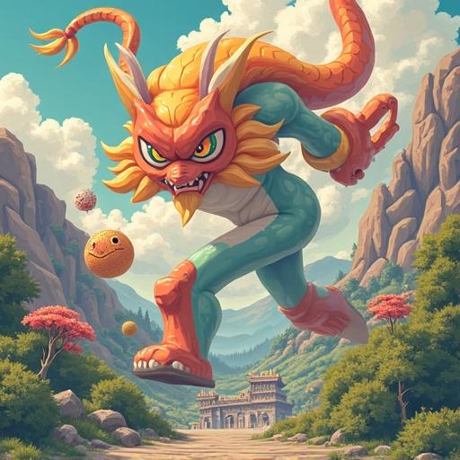 Illustration of a dragon-like creature inspired by Japanese mythology. Character features vibrant colors and dynamic action pose. Background includes mountainous landscape with a temple. An atmosphere of adventure and fantasy.