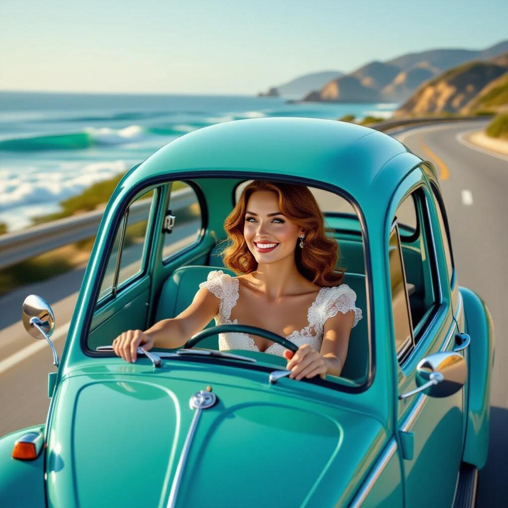 Hyper realistic photograph showcases turquoise 1951 Volkswagen Beetle. Woman with wavy auburn hair smiles at steering wheel. She wears vintage ivory lace dress. Captured driving on Pacific Coast Highway. Image from low front 3/4 angle. Ocean visible through windshield. Golden hour casts warm shadows. Sharpness highlights steering wheel and dashboard. Soft bokeh enhances distant cliffs and ocean. Film aesthetic reminiscent of 1950s style.