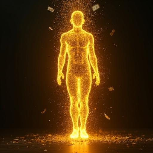 An abstract human silhouette made of shimmering golden energy. Floating paper currency dissolves into a dark void.