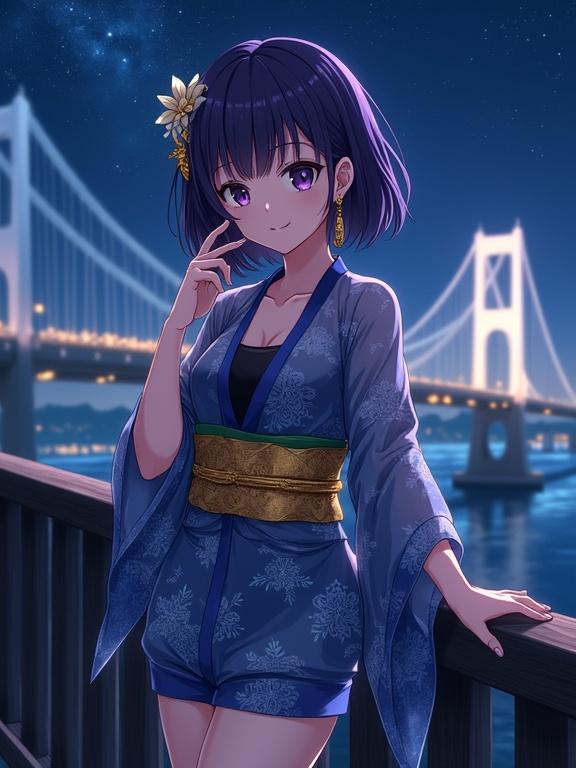 A full-body view of an anime-style lady with short dark violet hair. Her hair is adorned with a golden kanzashi. She has dark violet eyes and long golden earrings. A subtle smile is on her lips. She wears a sheer blue floral kimono-style robe tied with a golden obi-jime. Underneath, a black inner skirt reaches her knees. Right hand raised touching her cheek and left arm on a railing. Bare feet on wooden planks. Background shows a nighttime seaside scene in Sakai, Osaka with a white illuminated bridge and a visible Milky Way in the sky.