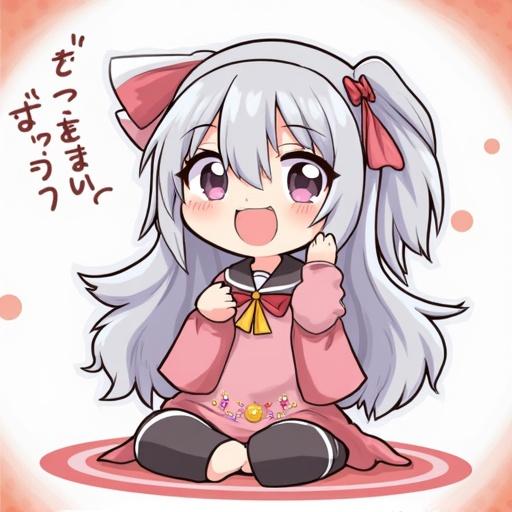 Character with a cute and cheerful expression. Chibi style. Sitting pose. Light pastel colors. Stylish clothing with a bow.