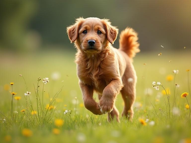 Ultra-realistic image of a dog running in a flower-filled meadow.