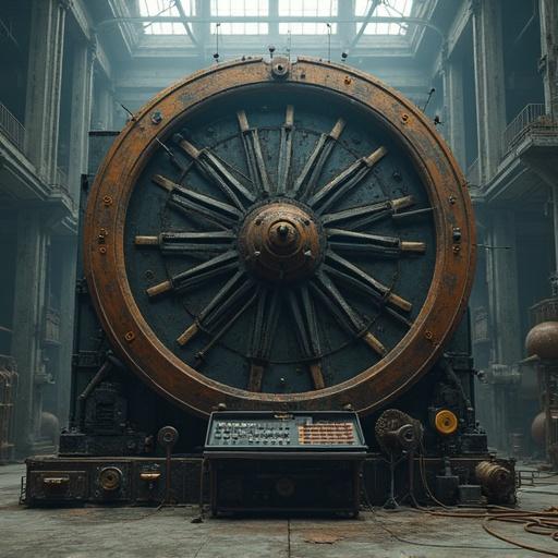 Picture of a giant mechanical music box. It contains fly wheels and gears. Situated in a dark dusty industrial setting. Music box integrates a synthesizer.