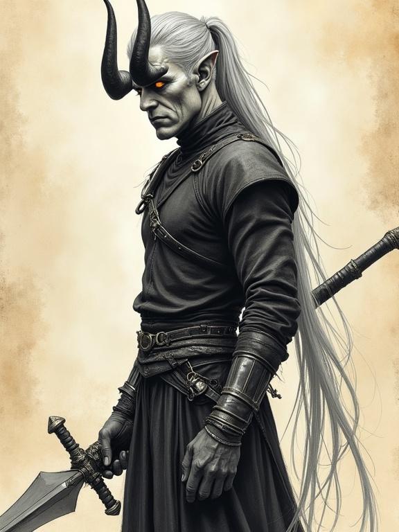 Pen sketch of a tall imposing male tiefling paladin with ash-gray skin and glowing amber eyes. Long silver hair tied in a high ponytail, sleek black horns arching backward. Scars on sharp cheekbones. Wearing a metal ring shirt. Holding a long sword. Cinematic scene. Intense expression.