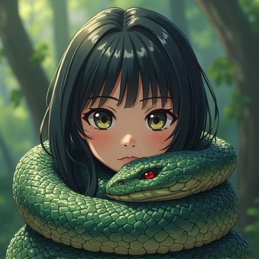 A girl with dark hair has a snake coiled tightly around her. The art is in anime style. The setting is lush with trees and soft lighting.