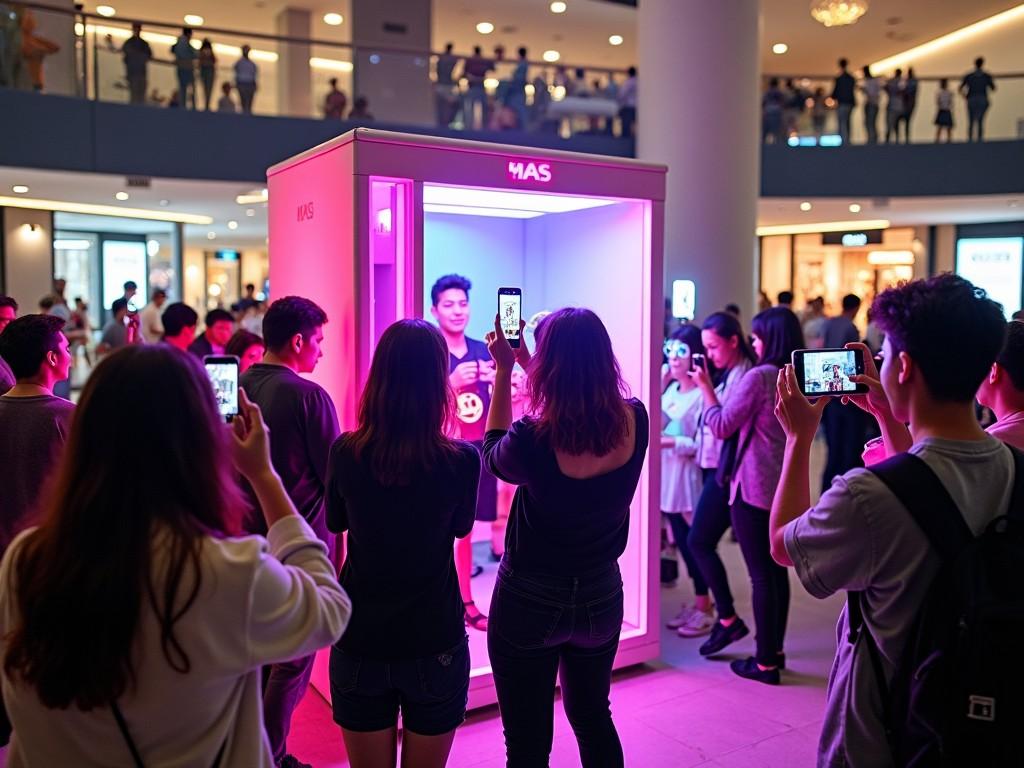 A vibrant scene in a shopping center where a group of people are taking photos of a person standing inside a colorful, illuminated booth. The booth is surrounded by onlookers, all engaged with their smartphones. The atmosphere is lively, with bright pink and purple lights creating an appealing visual setting. This interactive setup draws attention and encourages social media sharing. The crowd's excitement is palpable as they capture the moment. The setting highlights modern technology in a retail environment.