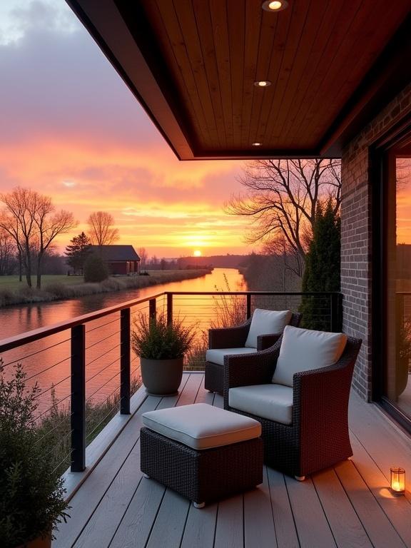 The image captures a serene balcony with wicker furniture overlooking a calm river during a vibrant sunset. Thick cushions add comfort to the chairs which face the water. The balcony has wooden planks and modern railings. Under a wooden canopy with recessed lighting, potted plants and a candle lantern create a cozy ambiance. The brick structure features large glass windows reflecting the sunset colors. Scenic background with colorful sunset, silhouetted trees, and a distant house enhance the peaceful setting.