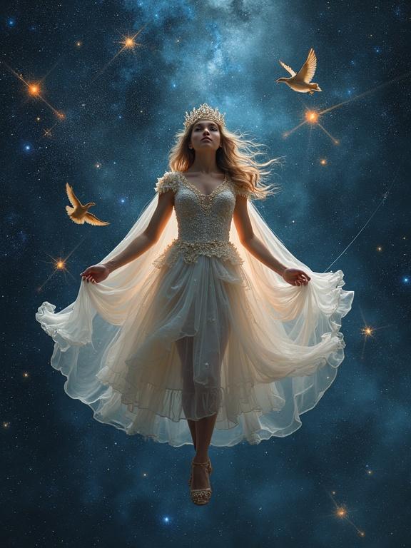 Portrait of a princess suspended in the stellar void. Princess wears a starry dress and a nebula cape. Surrounding her are constellations in the form of birds, comets crossing the frame, and meteorite fragments like jewels.