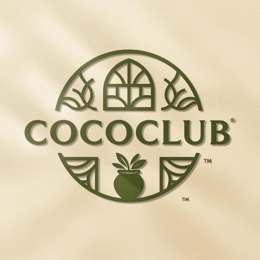 Logo represents a coconut water brand. Features a clean structured design with the name 'CocoCllub'. The logo is 3D and minimalist. It has a circular shape filled with geometric patterns. An arched window reflects Islamic or Mediterranean styles. A pot with palm leaves is included. Dominant colors are cream beige olive green and black. Design has shadows and embossing to add depth.