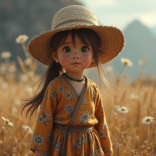 Adorable girl with a hat standing in a field of flowers. She wears a patterned dress and has long hair. Soft lighting creates a dreamy environment. The background shows a natural landscape with flowers.