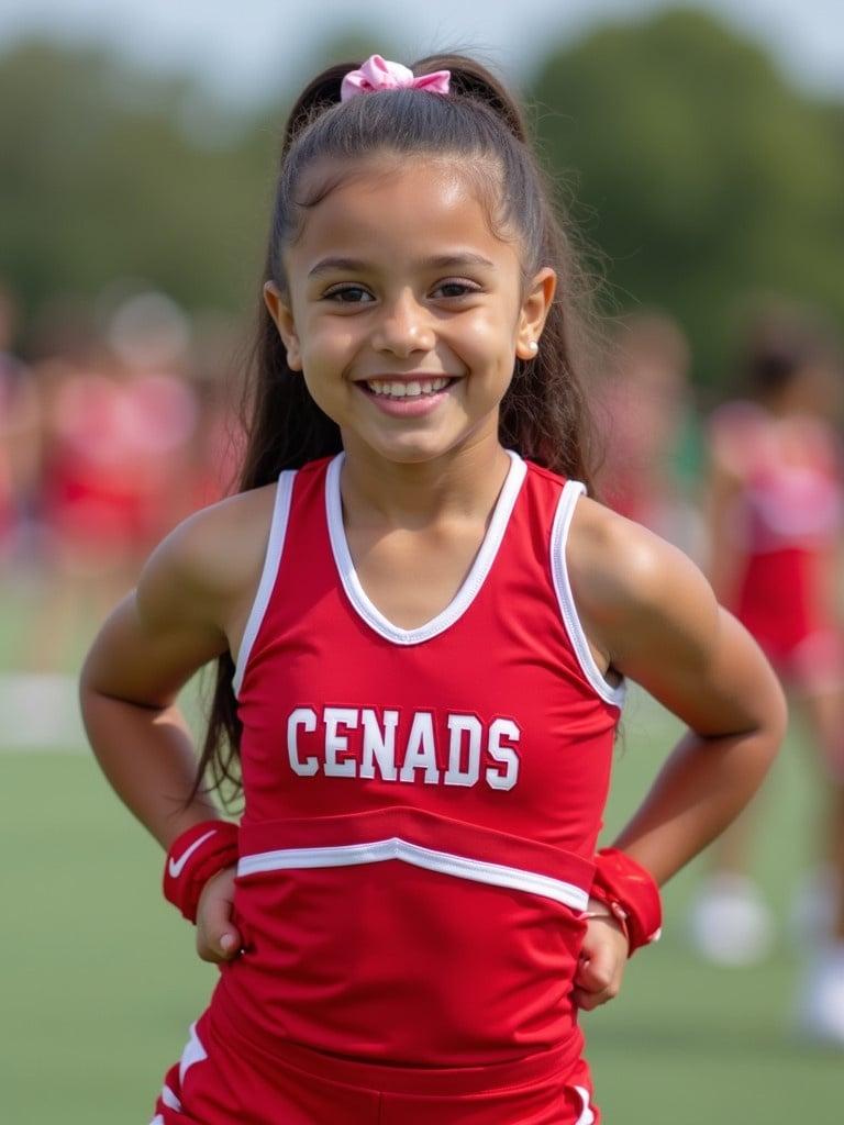 Cheerleader poses with hands on hips. Cheerleader wears a bright red uniform with white stripes. Cheerleader is smiling and appears cheerful. The setting is outdoors with a blurred crowd behind.