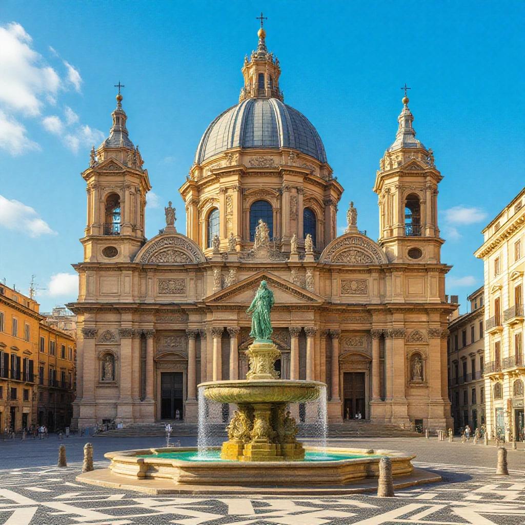 A view of a majestic church with a fountain in the foreground. The architecture is elaborate with intricate details. The sky is bright blue and clear.