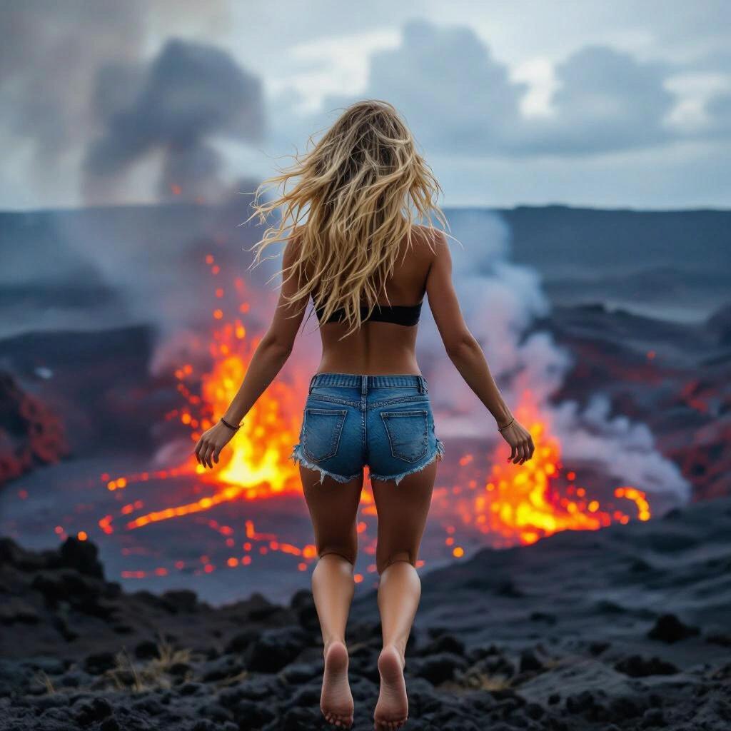 Blonde girl in shorts viewed from behind flying over an active volcano with lava erupting.