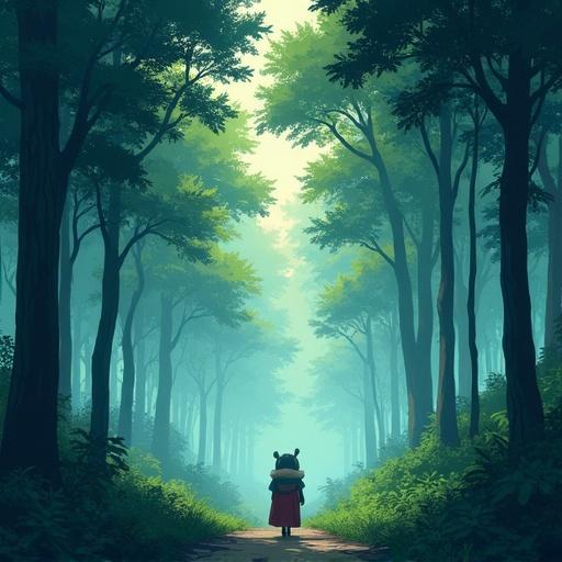 Wallpaper style image depicting a forest suitable for a medium sized phone. A character walks through a misty, enchanting forest inspired by Studio Ghibli.