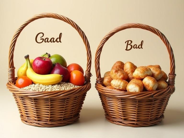 Two wicker baskets showcasing foods. One basket contains whole foods like fruits, oats, and quinoa. The other has processed items like candies and pastries. The baskets are labeled 'Good' and 'Bad'.