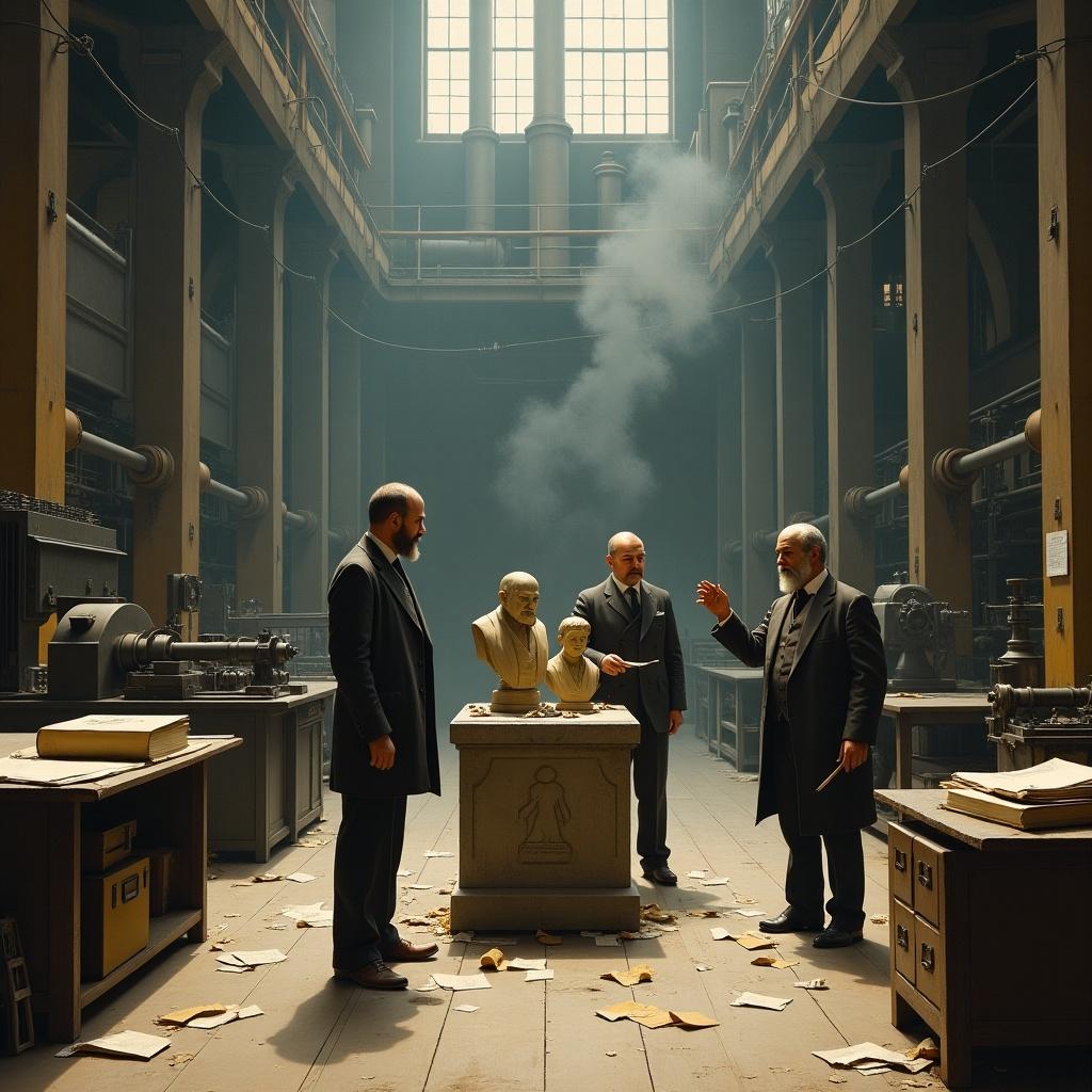 Handcrafted oil painting called Conceptual Foundations and Historical Origins: Influential Thinkers. Depicts three figures in working-class attire around a stone pedestal with obscured busts. Dimly lit industrial loft setting with high windows. Machinery backdrop with gears and conveyor belts. Soft light highlights reference books and file cabinets.