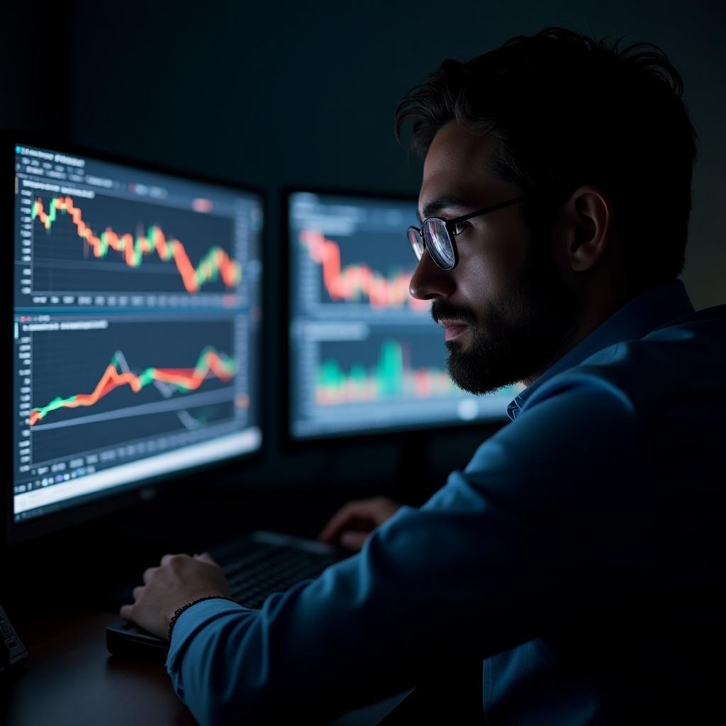 Individual analyzing stock charts on two monitors. Room is dimly lit. Strong focus on screens displaying financial data.