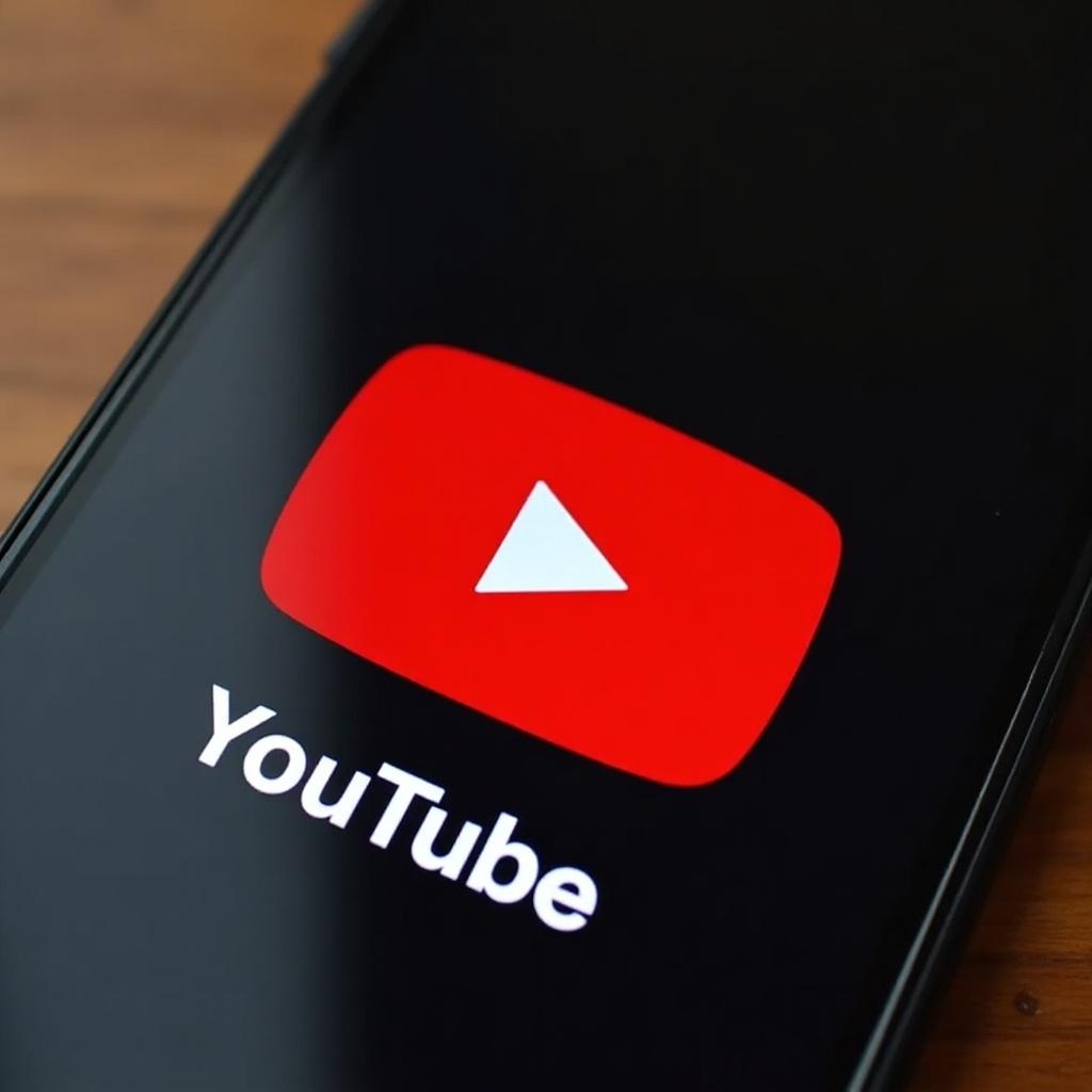 Smartphone displays YouTube app logo with play button icon on screen.