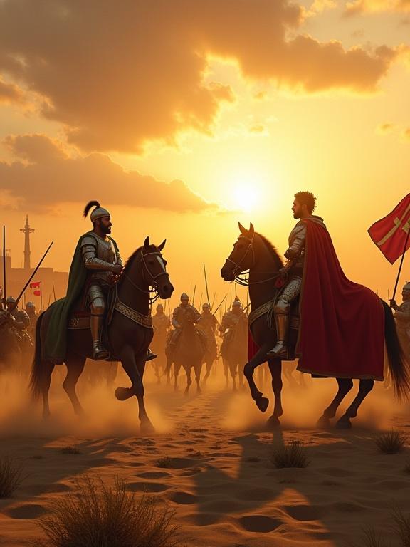 An epic battle scene shows Saladin leading an Islamic army and Richard the Lionheart commanding Crusader forces. Saladin rides a horse in traditional armor with light cavalry and archers. Richard rides a powerful steed in chainmail and a red cape with armored knights. Both leaders lock eyes preparing to clash. The backdrop features an ancient city and palm trees during sunset. The scene has hyper-detailed, photorealistic style with rich historical accuracy.