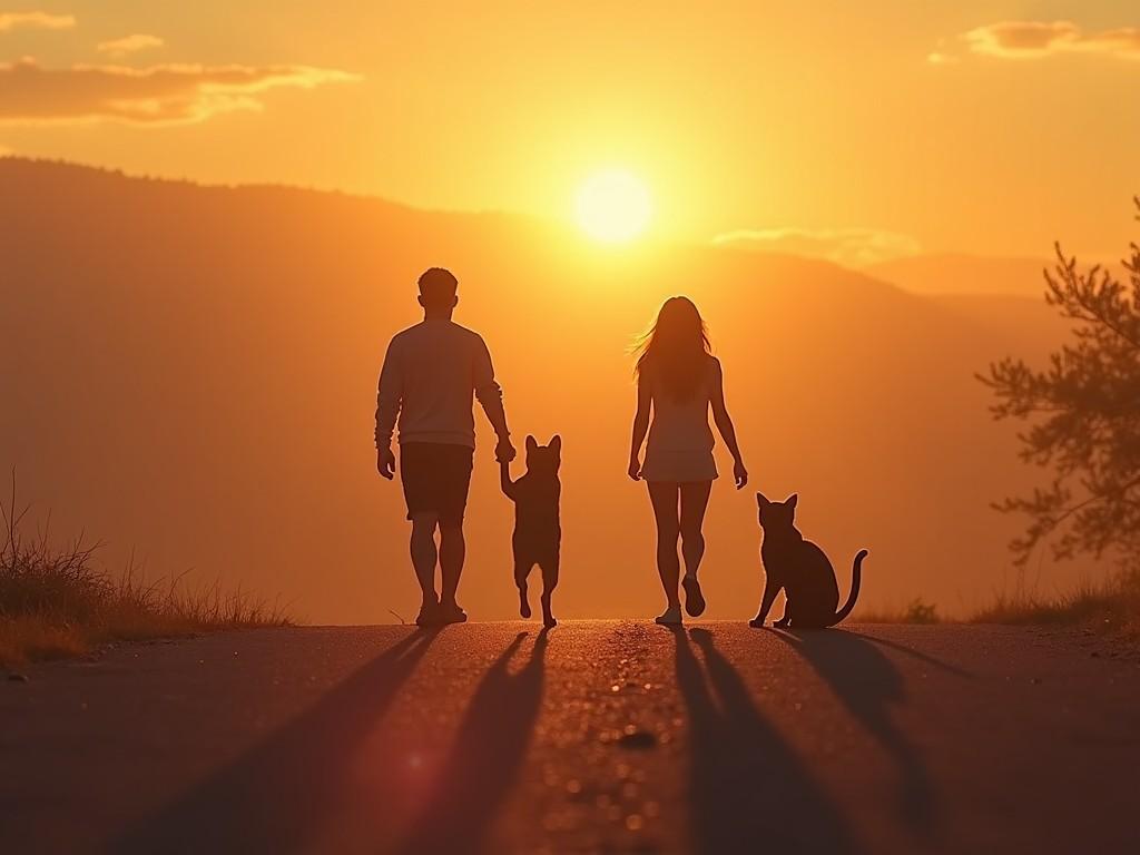 The image depicts a serene sunset scene with a silhouette of a couple walking along a road. They are accompanied by two dogs, creating a sense of companionship and joy. The golden sunlight enhances the mood, casting long shadows on the pavement. This peaceful outdoor setting evokes feelings of tranquility and happiness, perfect for nature lovers. The gentle curves of the hills in the background add depth to the composition, making it visually appealing.