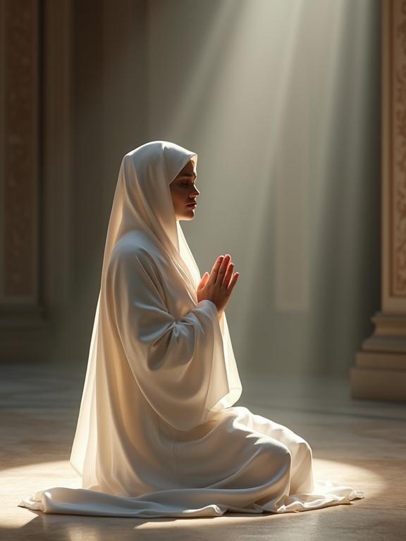 A saintly woman kneels and prays. Dressed in flowing white attire, she is surrounded by soft lighting creating a tranquil ambiance. The atmosphere is one of serenity and reverence.