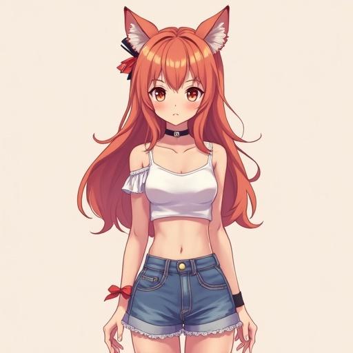 Cute anime character with fox ears standing in modern casual clothing. The character has long wavy hair and is wearing a midriff-baring top and shorts. Accessories include a choker and hair ribbons.