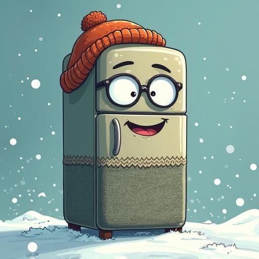 Animation style fridge with a face and spectacles wearing a woolen sweater and cap feeling cold in a snowy environment.