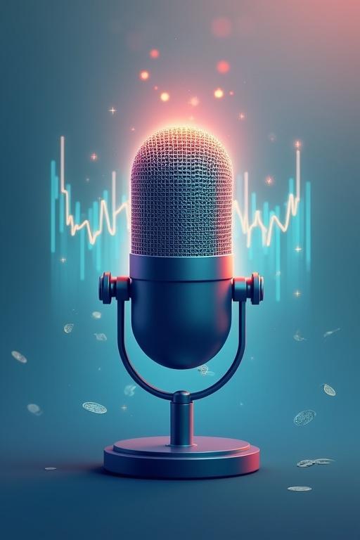 Professional ebook cover design with a stylized microphone. Sound waves transform into upward trending financial graphs. Subtle currency symbols integrated into the design. Clean gradient background. Digital art style with a professional appearance.