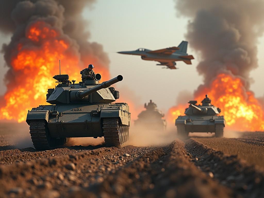 A dramatic scene depicting military tanks advancing on a battlefield with intense explosions in the background. The foreground features several tanks moving through dusty terrain, showcasing their armored bodies and guns. In the sky, a fighter jet flies overhead, adding to the intensity of the scene. Smoke and flames billow in the distance, giving a sense of urgency and chaos. The lighting is vivid, with orange flames contrasting against the dust-filled sky. This image conveys the seriousness of modern warfare.