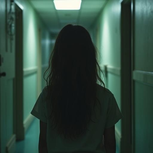 Haunting portrait of a girl in a psychiatric hospital corridor. The scene captures a dimly lit hallway with eerie green tones. A young girl stands with her back to the viewer, her silhouette framed by the corridor's walls. Overhead lights cast a soft glow, enhancing the haunting atmosphere.