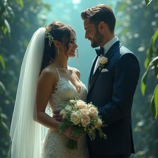 Wedding scene featuring a mermaid and a merman happily celebrating their union in a lush forest setting