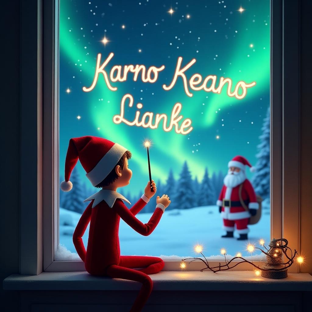 Elf on the shelf using a wand to write name in the sky. Colorful northern lights illuminate snowy landscape. Santa Claus visible in the distance. Cozy interior with a window view.