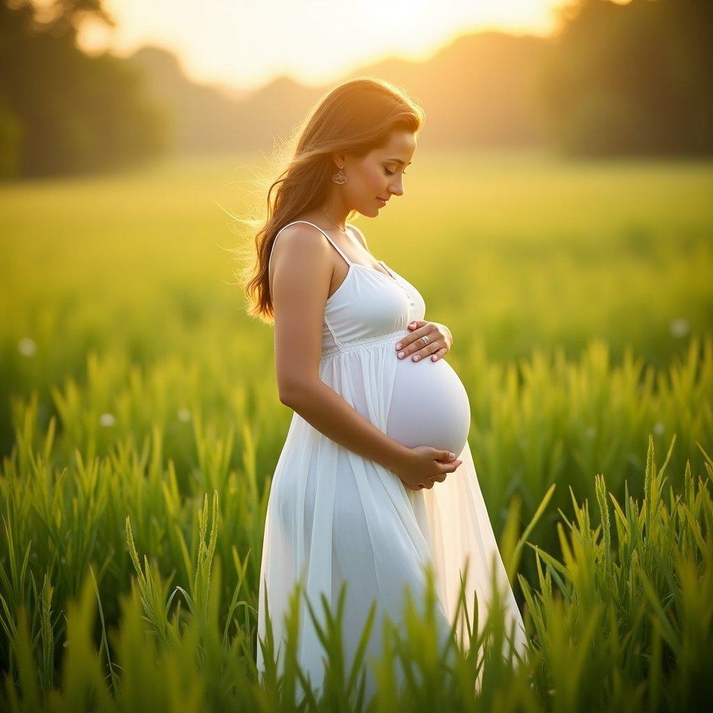 Pregnant woman stands in green field. She wears flowing white dress. Sunlight creates warm glow. One hand gently holds round belly. Background has beautiful greenery. Image captures essence of pregnancy and beauty.