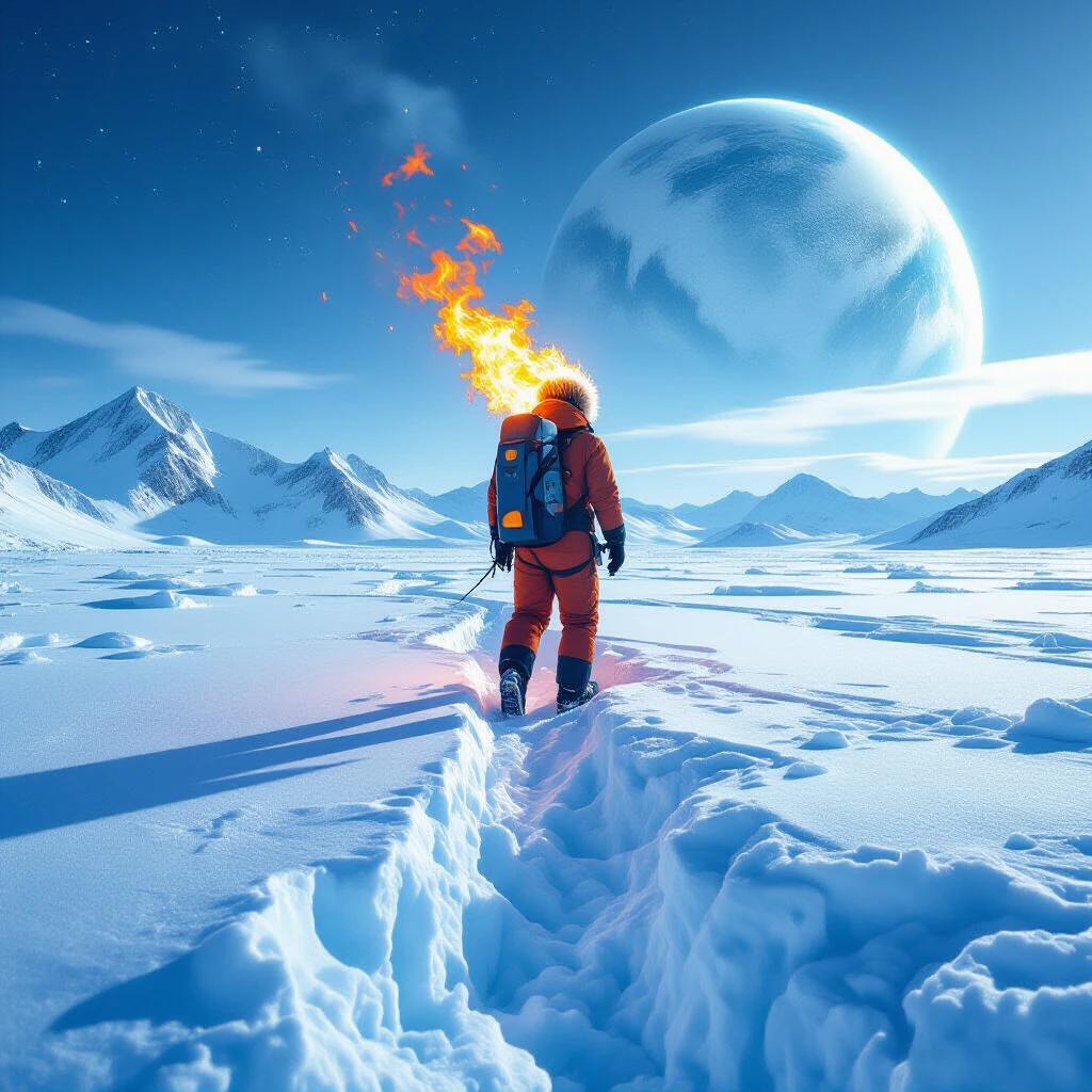 Astronaut walking on an icy planet. Fire coming out from the astronaut. Surreal landscape with mountains and a large planet in the sky.