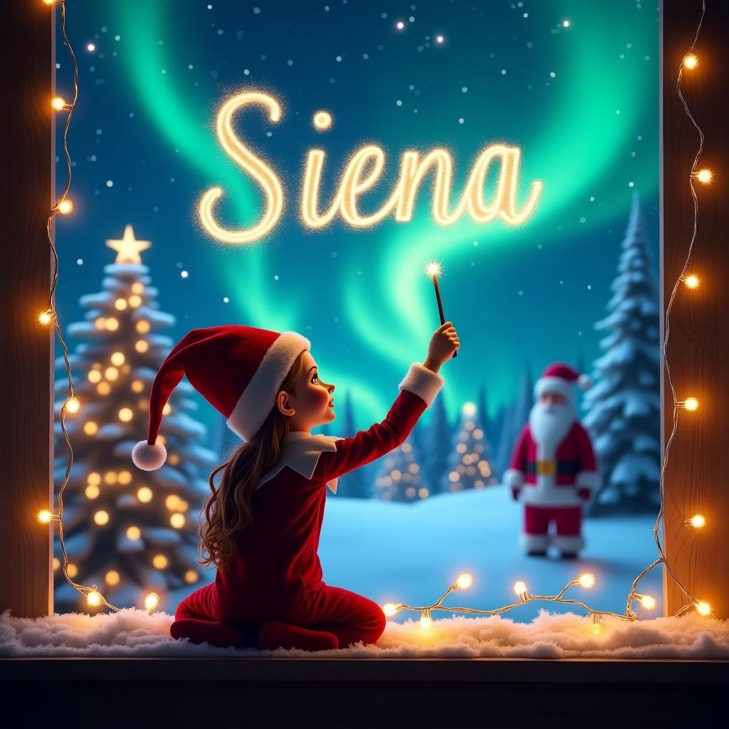 An enchanting scene captures a girl elf on the shelf with her back to the viewer. She's facing a vibrant night sky using a wand to write 'Siena' in sparkling letters above her. The background features a magical Christmas setting illuminated by northern lights and decorated snow-covered trees. In the distance, Santa Claus is seen adding to the festive charm. The atmosphere is filled with wonder and holiday magic as twinkling lights add an extra layer of enchantment.