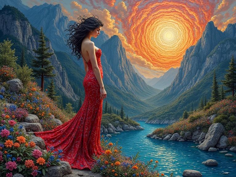 A stunning woman in a striking red dress stands gracefully by a serene river against a backdrop of majestic mountains and colorful flowers. The warm sunset glows with swirls of orange and red in the sky, providing a magical ambiance.