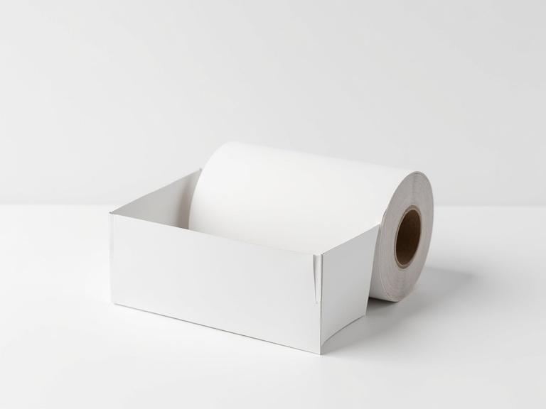 Realistic mockup of personalized adhesive tape on a minimalist white background. Roll of tape is partly unrolled and attached to a white box, showing graphic design on the tape. Isometric perspective is all white. Great for showing branding proposals, packaging design, or visual identity in stationery, shipping, or packaging products. Neutral background highlights design with no distractions. Soft lighting provides a clean, professional finish. Easily replaceable tape design using smart objects in editing software like Photoshop.