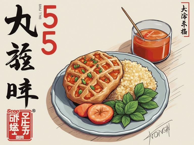 Illustration of a plate with a waffle-like dessert, quinoa, and fresh ingredients. A drink is present. The dish features herbs and fruits.