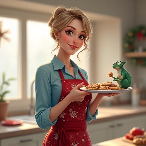 2D realistic digital illustration featuring a young woman with dark blonde hair in a low bun. She wears a light blue blouse and a red apron with Christmas patterns. She stands smiling, holding a plate of cookies. A playful chameleon sits on her right hand. The background is a festive kitchen with soft lighting.