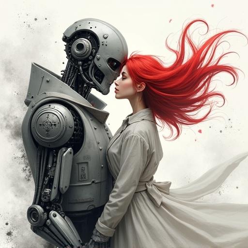 Science fiction illustration shows relationship between mechanical robot and stylized female character. Detailed grayscale robot with intricate components. Female character has flowing red hair and playful expression. Set against white background with gray smoke and textures. Romantic sci-fi theme contrasts mechanical and organic elements. Mixed media combining mechanical rendering and anime design.