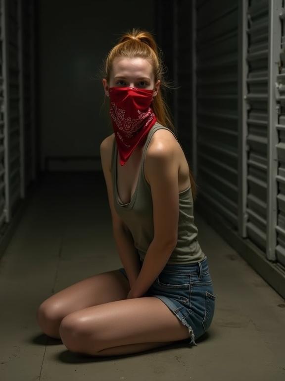 A young woman with light auburn hair tied back in a ponytail sits on the floor. She wears a tank top and denim shorts. Her arms are tied behind her back. A red bandana gags her mouth. The image is set in a dark storage room.