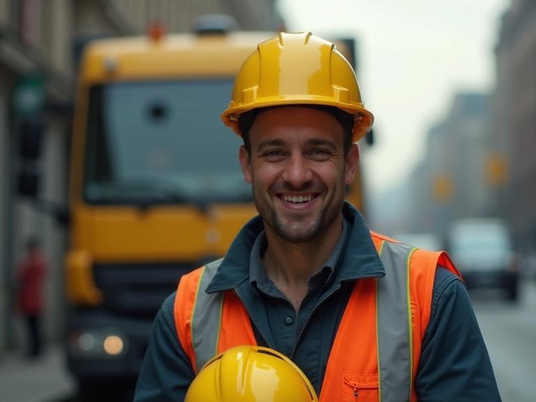 Construction worker smiling in urban setting. Holding yellow hard hat. Truck in background. Outdoor scene with dramatic lighting. Detailed and high resolution.